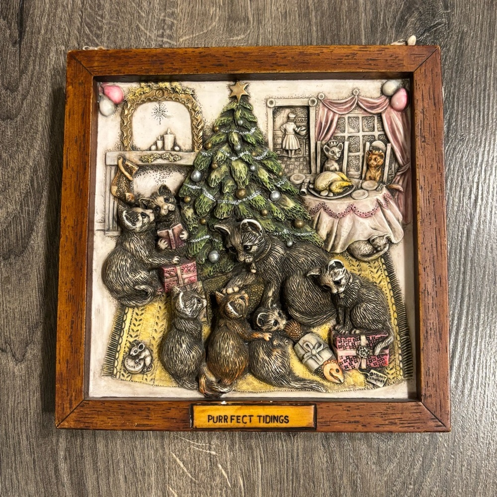 Vintage PICTURESQUE "Purrfect Tidings" Tile Figurine Frame Cat & Mouse CGM/2